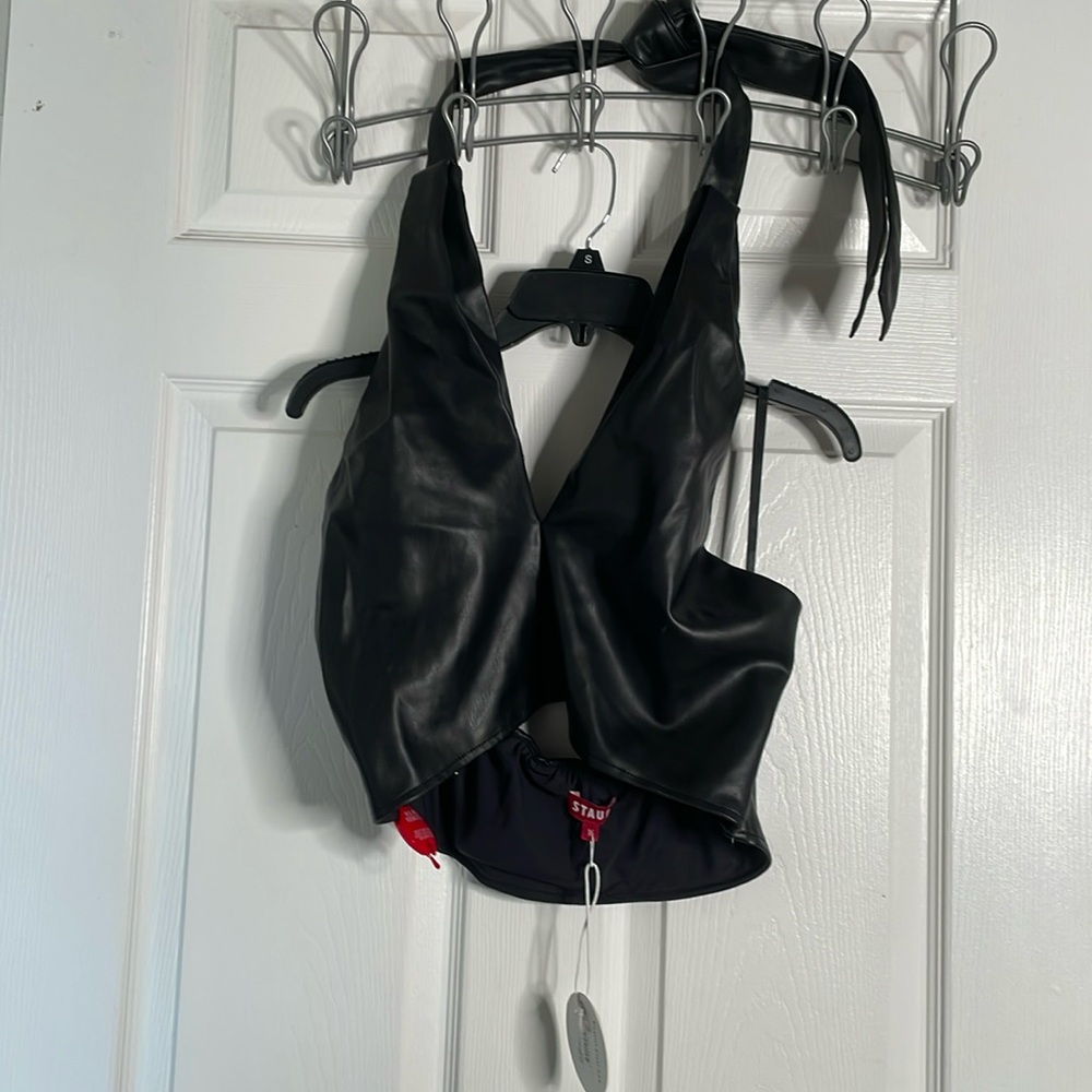 NWT STAUD Kai vegan leather halter crop top
